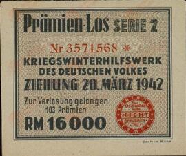 "Premio. Institución benéfica de la guerra de invierno del pueblo alemán. Premio 20 marzo 1942"