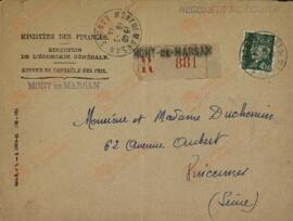 Sobre del "Ministerio de Finanzas / Dirección General de la Economía / Servicio de control del precio", con sello postal de imagen del Mariscal Pétain. Enviado a los Srs. Duchemin. 16 abril 1944