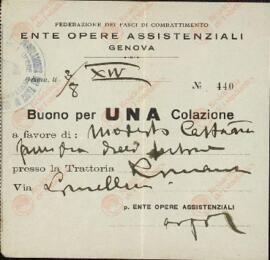 Castañé Lloret, Modesto. "Federazione dei faszi di combattimento". Bonos de racionamiento. Génova, 3 agosto 1936