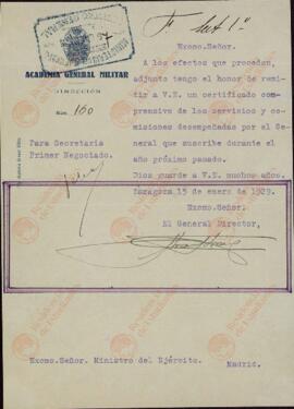 Colección Francisco Franco. Franco Bahamonde, Francisco. Nota de envío de certificado de servicios. Zaragoza, 15 de enero de 1929