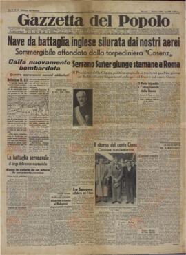 Gazzeta del Popolo. Torino, "Acorazado británico torpedeado por nuestros aviones". Turín, 1 Octubre 1940