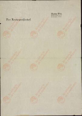 Papel de carta impreso del Jefe de Prensa del Tercer Reich