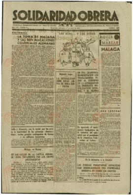 Solidaridad Obrera. "La toma de Málaga y las reivindicaciones coloniales alemanas". Barcelona, miércoles, 10 enero 1937.