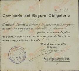 Comisaría del Seguro Obligatorio. Factura, n.º 4168. 12 marzo 1936