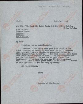 Park, Keith. Carta a Douglas of Kirtleside, 4 julio 1963