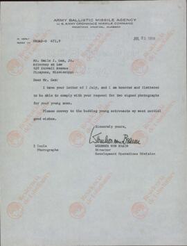 Braun, Wernher von a Mr. Emile J. Gex Jr. Agencia de misiles balísticos del ejército. 21 julio 1959 (OJO enmarcada en el reverso de Fotografía 6886)