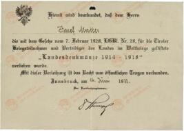 Certificados de participación en la Primera Guerra Mundial (1914-1918) de Josef Mattes, firmados en 1919, 1933 y 1934.