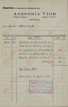 Vapor Uruguay. Sancho Contreras, Eduardo. Recibo. Barcelona, 25 abril, 1941