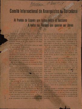 "El Pueblo de España que lucha contra el fascismo. A todos los Pueblos que quieren ser libres". Comité Internacional de Anarquistas de Barcelona. 1 de mayo de 1937. (Manifiesto antifascista y anti-establecimiento: sea autoridad o Estado)