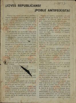 "¡Joves Republicans! ¡Poble Antifeixita!" (para promover la lucha antifascista en la juventud). Consell de Govern de la Joventut Republicana d'Esquerra. Barcelona, enero de 1937