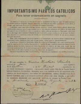 Hurtado Sánchez, Carlos. Certificado de muerte católica para tener enterramiento sagrado. 1932