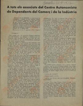 "A todos los asociados del Centro Autonomista de Dependientes del Comercio y la Industria" (para promover la lucha de clases. Inspiración UGT). 26 de abril de 1937 (fecha inscrita a mano)