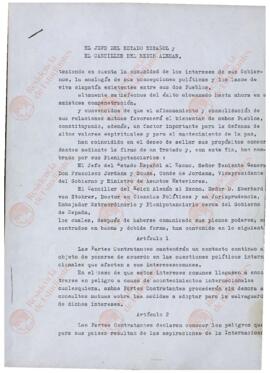 Jordana, conde de y Stohrer, Eberhard von. Convenio hispano-alemán. Burgos, 31 marzo 1939