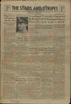 The Stars and Stripes: Periódico diario de las Fuerzas Armadas de EE.UU. en el Escenario Europeo de Operaciones. 17 abril 1944. "Hale dice: Tokio está a sólo 1.800 millas marinas."