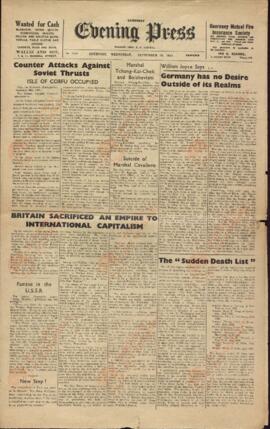 Evening Press. Guernsey, 29 septiembre 1943. "Contraataque contra el empuje soviético."