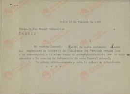Carta dirigida al Gral. Miguel Cabanellas, en respuesta a su solicitud sobre el Cabo Struck Isso, s.f. (presuntamente, firma el Cnel. Fernando Moreno Calderón, ver FJMC 10765). Ávila, 17 de Febrero de 1937