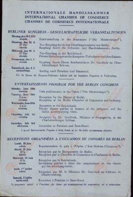 Programa de entretenimiento para el IX Congreso de Cámaras de Comercio Internacional. Berlín, 28 junio - 3 julio 1937