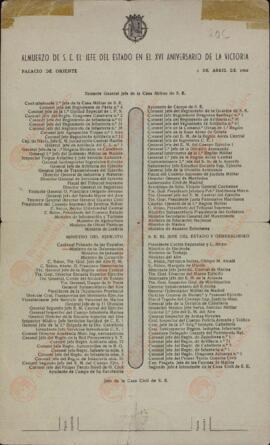 Almuerzo de su Excelencia el Jefe del Estado en XVI aniversario de la victoria. 1 abril 1955