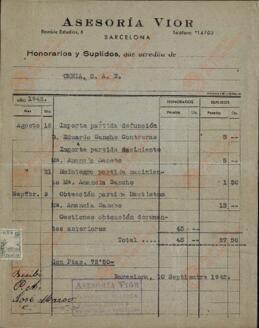 Vapor Uruguay. Sancho Contreras, Eduardo. Recibo. Barcelona, 10 septiembre 1942