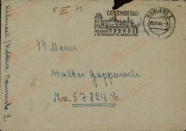 Gappenach, Walter. Soldado de las SS. Correspondencia personal (26 cartas) dirigida a Walter Gappenach del 8 Regimiento de transmisiones de la Reserva-Nürenberg. Cartas de su familia, novia y amigos recibidas en sus distintos destinos. 1943 - 1944