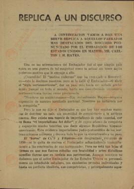 "Réplica a un discurso" pronunciado por el Embajador de EE.UU. Carlton J.H. Hayes (panfleto franquista)