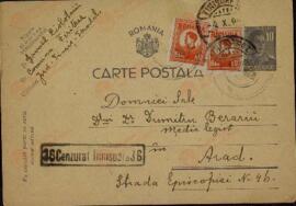 Sale, Domniei. "Rumanía / Tarjeta postal ". Pasado por censura. Timisoara, 1 octubre 1944
