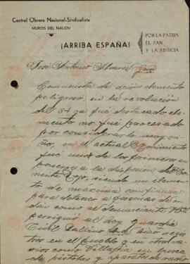 Central Obrera Nacional Sindicalista de Muros del Nalón: Informe sobre José Antonio Álvarez García. Sin fecha.