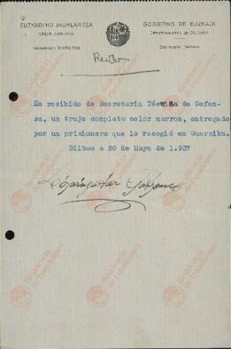Gobierno de Euzkadi. Bilbao, 20 mayo 1937 (sobre traje recogido por un prisionero en Guernika).