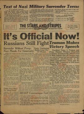 The Stars and Stripes. Periódico diario de las Fuerzas Armadas de EE.UU. en el Escenario Europeo de Operaciones. 9 mayo 1945. "Texto con las condiciones de la rendición nazi."