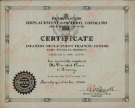 "Jefatura del comando de reemplazo y enseñanza. Certificado Jonh M. Fradd". 1945
