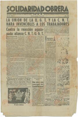 Solidaridad Obrera. "La Unión de la U.G.T y la C.N.T. hará invencibles a los trabajadores". Barcelona, miércoles, 19 mayo 1937.