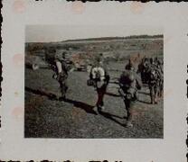 Fotografía de un grupo de soldados alemanes de espalda. Probablemente compañía de Rusia.