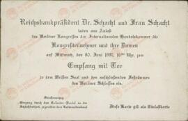 Schacht, Hjalmar (Pte. del banco del Reich), invita a una recepción a los asistentes al IX. Congreso de Cámaras de Comercio Internacional. Berlín, 30 junio 1937