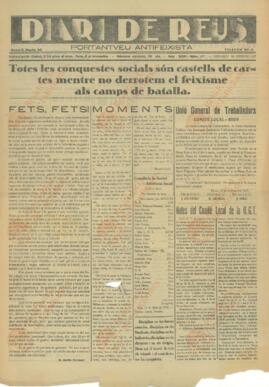 Diari de Reus.  "Todas las Conquistas Sociales son Castillos de Naipes mientras no Derrotemos al Fascismo en los Campos de Batalla", 13 de Febrero de 1937