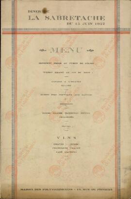 Mariscal Joffre. "Menú de la Cena de la Sabretache del 15 junio 1937 en la Casa de los Politécnicos"