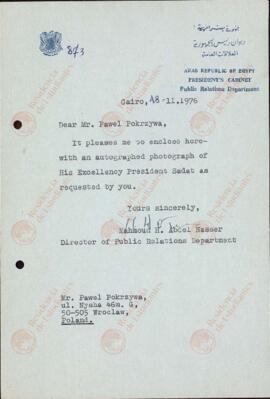 Abdel Nasser, Mahmoud H. "Querido Pawel Pokrzywa. El Cairo, 18 noviembre 1976"