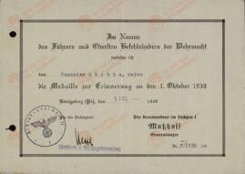 Hesse. "Medalla de conmemoración para Heinz Skibba". 1 octubre 1939