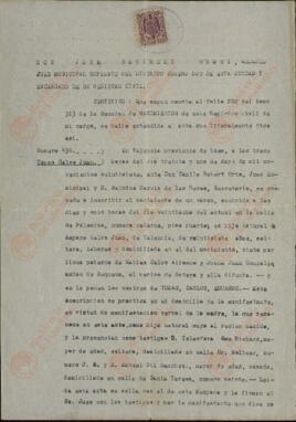 Vapor Uruguay. Sancho Contreras, Eduardo. Certificado de nacimiento. Valencia, 20 mayo 1941