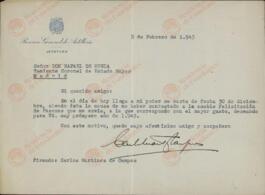 Reserva General de Artillería. Carta de Carlos Martínez Campos a Rafael de Rueda. Madrid, 5 febrero 1945