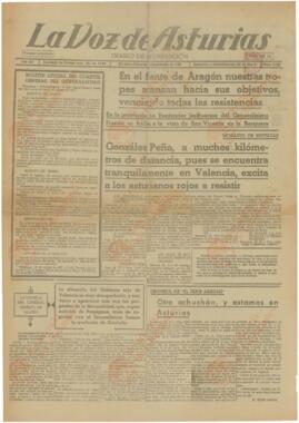 La Voz de Asturias. N.º 4468, "En el frente de Aragón, nuestras tropas avanzan hacia sus objetivos, venciendo todas las resistencias". Oviedo, 1 septiembre 1937