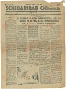 Solidaridad Obrera. "El grandioso mitin internacional del domingo en el palacio de comunicaciones. Barcelona, martes 9, junio 1931