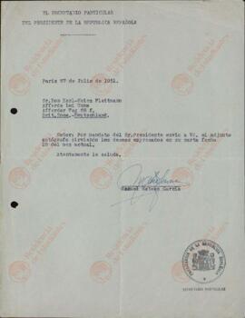 Carta de la secretaría del Presidente de la República Española en el exilio, Diego Martínez Barrio (1893-1962), dirigida a Kerl-Heinz Fleitmann, firmada por el Secretario Particular del Presidente de la República, Manuel Mateos García. Se adjunta la biografía de Diego Martínez Barrios. París, 27 de julio de 1951.