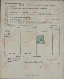 Vapor Uruguay. Sancho Contreras, Eduardo. "Notas numéricas de Títulos entregados" a Raquel Claro Velasco (esposa). Madrid, 2 agosto y 9 septiembre 1941