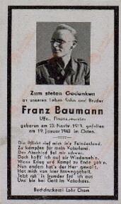 Esquela mortuoria de Franz Baumann. 19 enero 1943