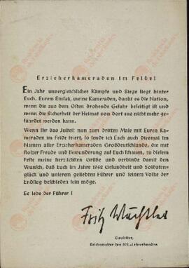 "¡Maestros camaradas en el campo de batalla! Jefe de la comarca. Enero 1942"