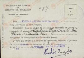 Conjunto de 4 documentos acreditativos y/o autorizando al ingeniero José Ruiz Valdivia. Dos de ellos inmediatamente después de la ocupación de Madrid por el Ejército del General Franco.