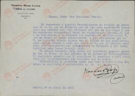 Colección Francisco Franco. Rojo Lluch, Vicente. Carta a Francisco Franco Bahamonde. Madrid, 28 de abril de 1936