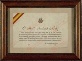 Invitación del Alcalde accidental de Cádiz al acto que tendrá lugar en la Casa Capitular el 7 de noviembre de 1936 al conocerse la noticia de la entrada en Madrid de ejército