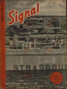 Signal. "En el puerto de Toulon. La proa del acorazado francés Strasbourg". 1er Nº Febrero 1943.