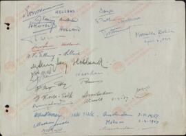 Ben Gurion, David; Begin, Menachim; Kaye, Danny. Hojas de registro de hotel. c. 1957